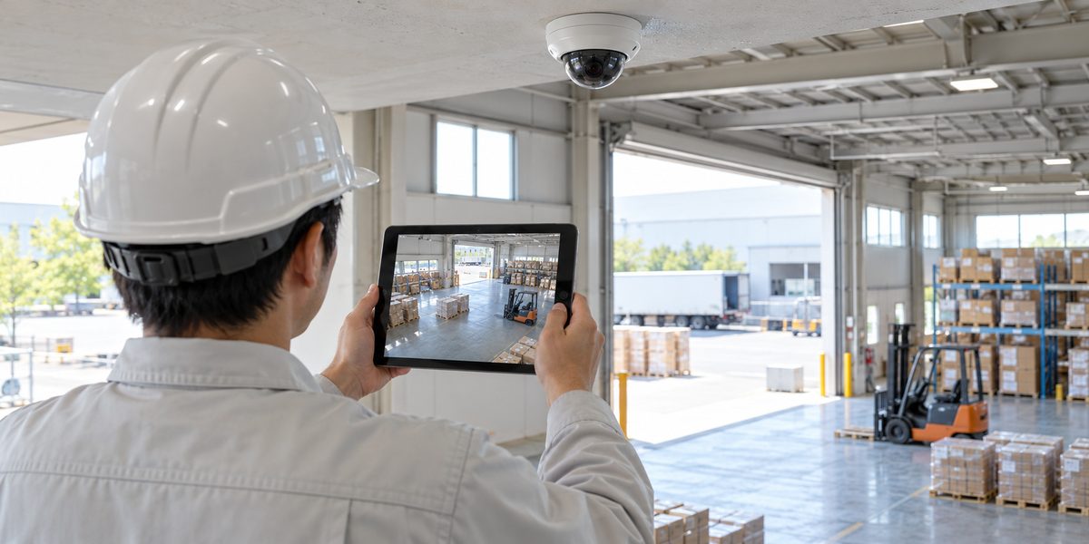 倉庫の天井に取り付けたドームカメラの映り方を、タブレットで確認している様子