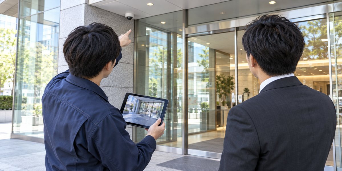 専門スタッフがお客様と一緒にカメラの設置位置と映り方を確認している様子