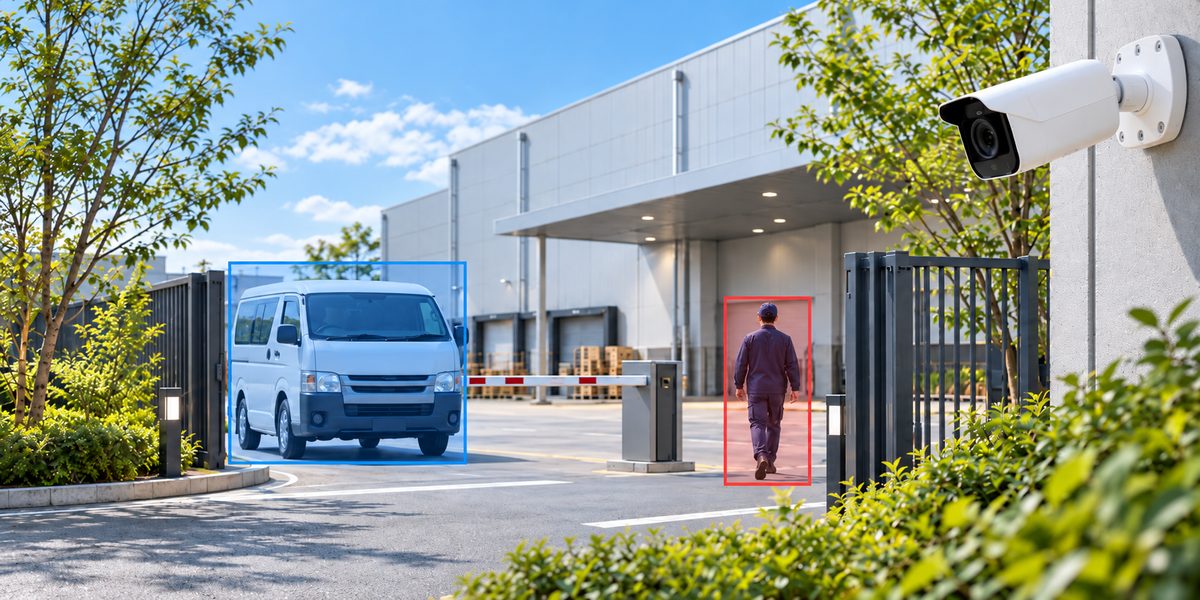 倉庫の入口で、カメラが車両と人物を見分けているイメージ