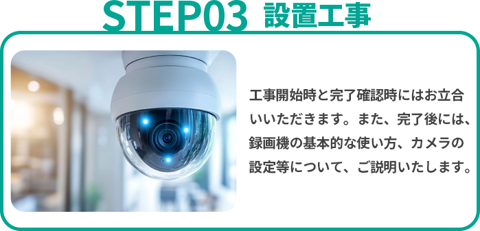 設置工事　工事開始時と完了確認時にはお立合いいただきます。また、完了後には、録画機の基本的な使い方、カメラの設定等について、ご説明いたします。